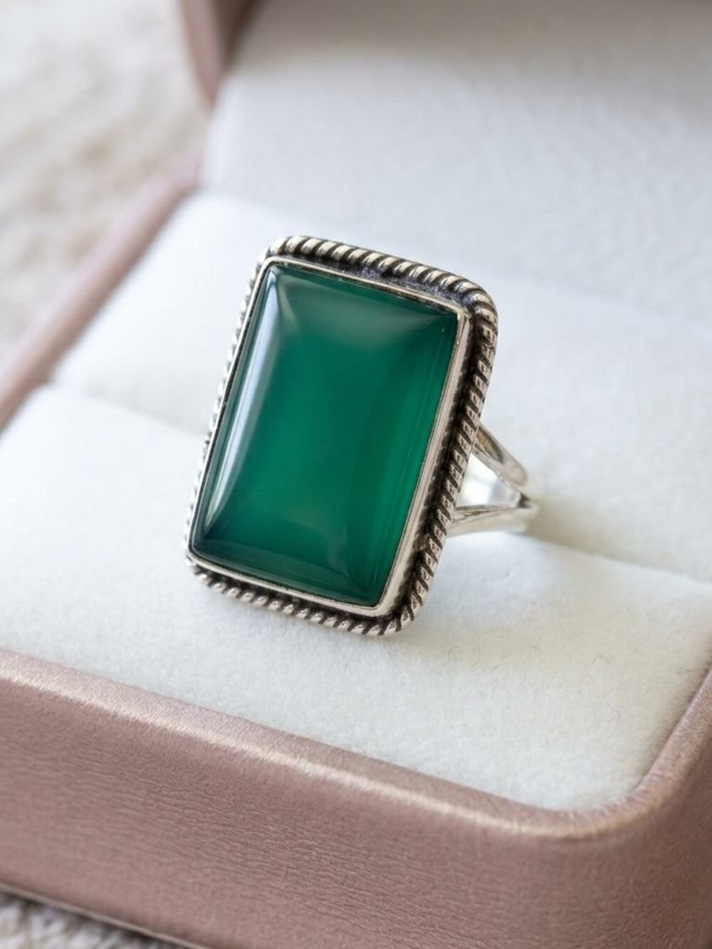 Vintage 925 Sterling Silver Green Onyx Cabochon Statement Ring Sz 6